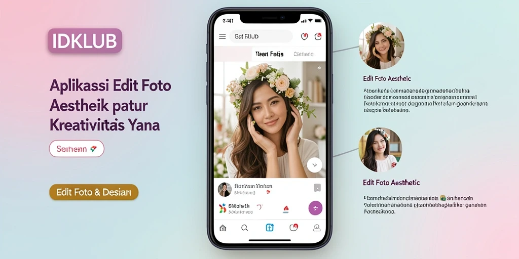 Antarmuka aplikasi IDKLUB untuk editing foto aesthetic yang menarik.